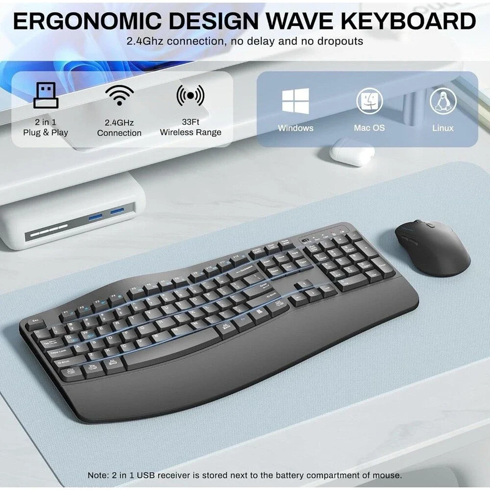 Wireless Keyboard and Mouse Combo,2.4G Full Size Wave Keys Ergonomic Keyboard